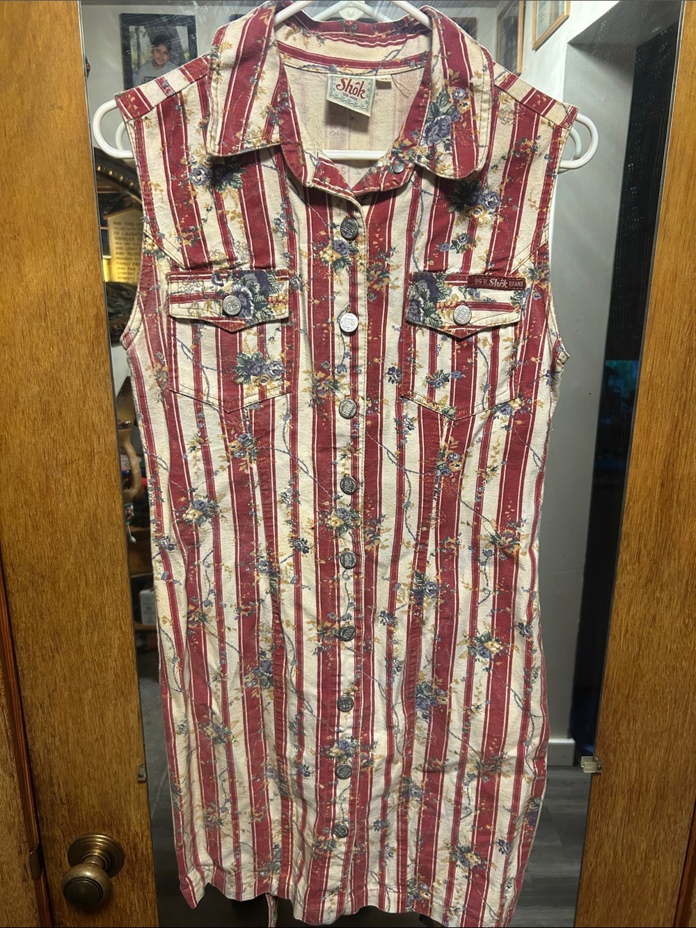 Vintage Shok Sleeveless Button-Front Striped Floral Dress - Red & Cream